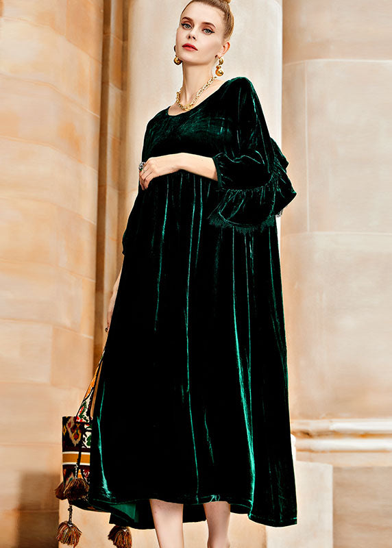 Simple Blackish Green O-Neck Wrinkled Patchwork Silk Velvet Long Dresses Fall