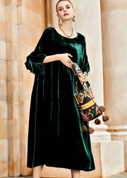 Simple Blackish Green O-Neck Wrinkled Patchwork Silk Velvet Long Dresses Fall