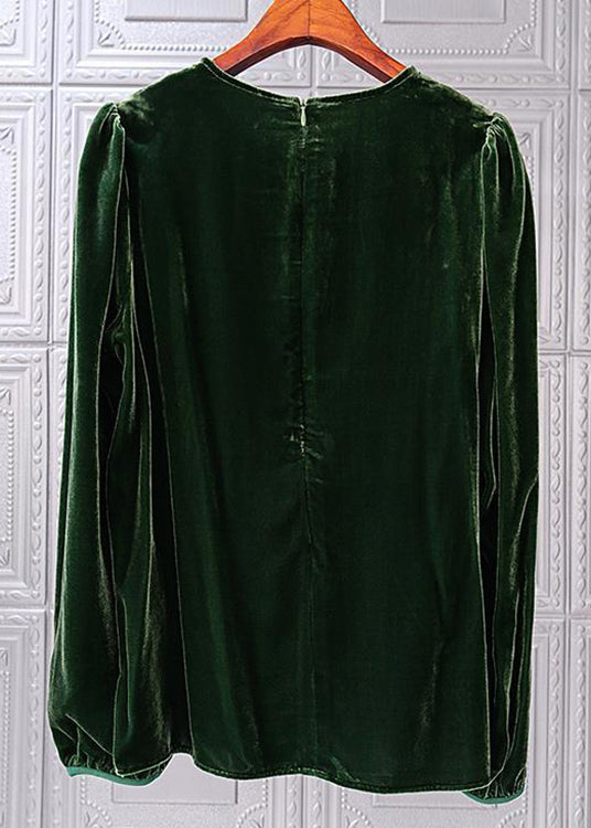 Simple Blackish Green O Neck Wrinkled Patchwork Silk Velour Top Fall