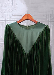 Simple Blackish Green O Neck Wrinkled Patchwork Silk Velour Top Fall