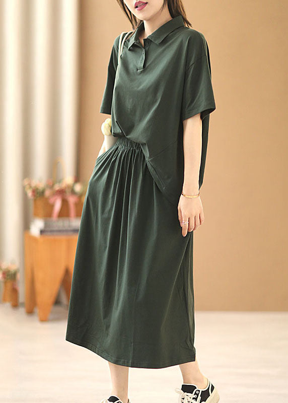 Einfaches schwarzgrünes Bubikragen-elastisches Taillen-Patchwork-Baumwollgefälschtes zweiteiliges langes Kleid mit kurzen Ärmeln