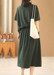 Simple Blackish Green Peter Pan Collar Elastic Waist Patchwork Cotton Fake Two Piece Long Dress Short Sleeve