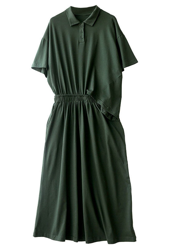 Simple Blackish Green Peter Pan Collar Elastic Waist Patchwork Cotton Fake Two Piece Long Dress Short Sleeve