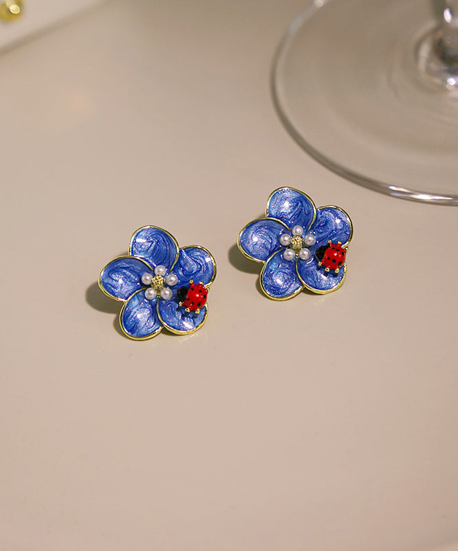 Simple Blue Alloy Pearl Oil Drip Floral Seven Starred Ladybird Stud Earrings