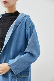 Simple Blue Cinched Hooded Pockets Denim Trench Fall