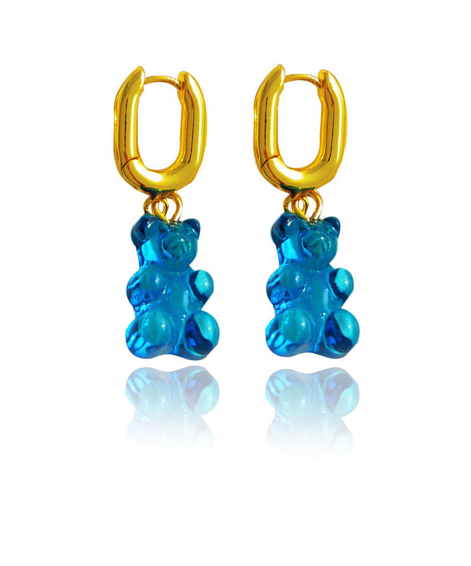 Simple Blue Copper Gold Plated Resin lLittle Bear Drop Earrings