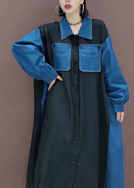 Simple Blue Dresses Lapel Patchwork Robe Spring Dress - SooLinen