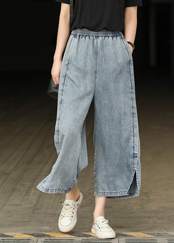 Simple Blue Elastic Waist Pockets Side Open Cotton Straight Crop Pants Summer