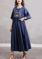 Simple Blue Embroidered Cinched Cotton Denim Dresses Flare Sleeve