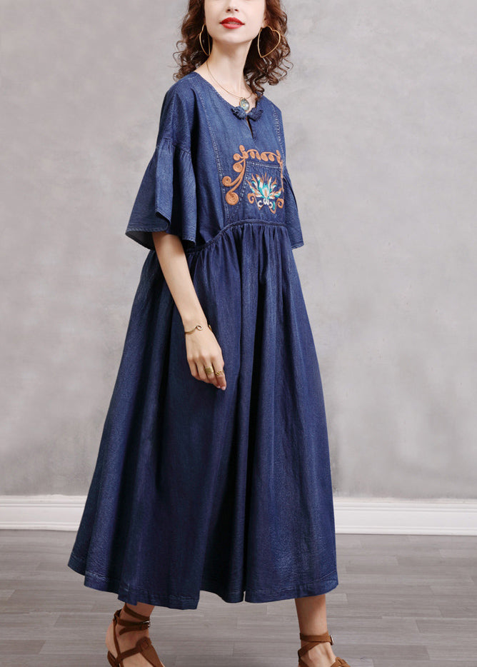 Simple Blue Embroidered Cinched Cotton Denim Dresses Flare Sleeve