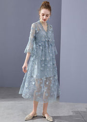 Simple Blue Embroidered Floral Hollow Out Lace Dress Flare Sleeve