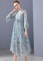 Simple Blue Embroidered Floral Hollow Out Lace Dress Flare Sleeve