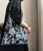 Simple Blue Embroidered Floral Paitings Cotton Satchel Handbag