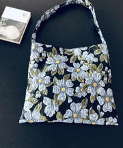 Simple Blue Embroidered Floral Paitings Cotton Satchel Handbag