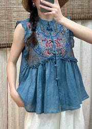 Simple Blue Embroidered Floral Ruffles Button Linen Top Short Sleeve