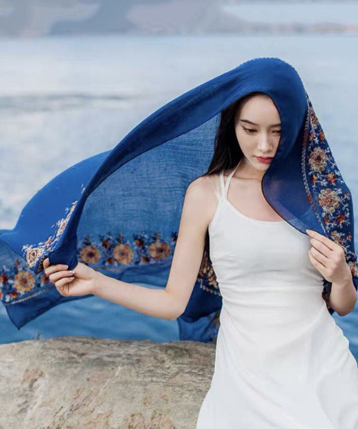 Simple Blue Embroidered Rectangle Cotton Linen Shawl