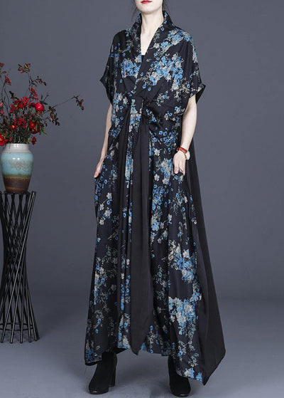 Simple Blue Floral Patchwork V Neck Long Dress Summer - SooLinen