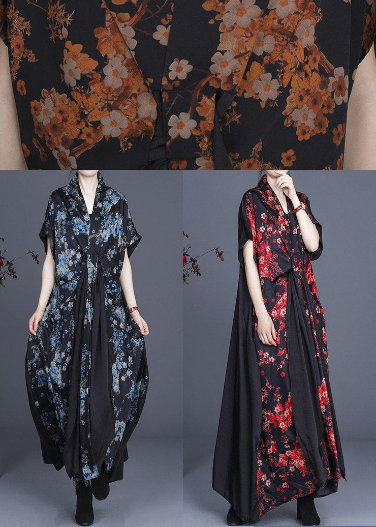 Simple Blue Floral Patchwork V Neck Long Dress Summer - SooLinen