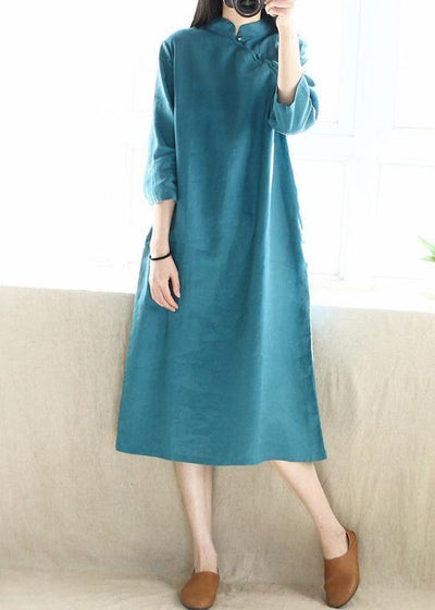 Simple Blue Green Tunics Stand Collar Half Sleeve Maxi Dress - SooLinen