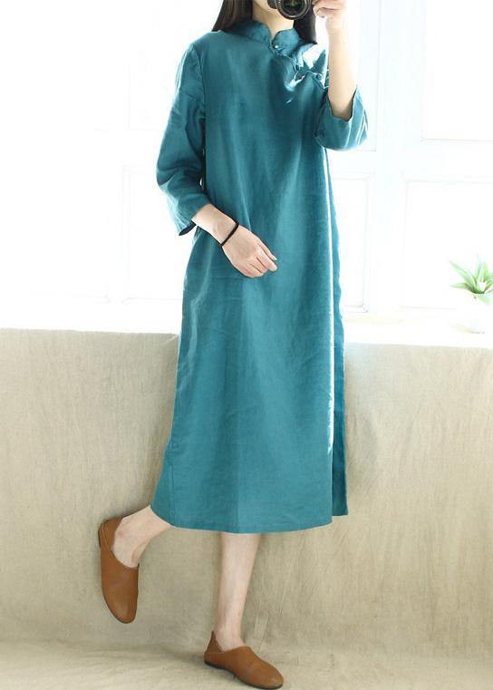 Simple Blue Green Tunics Stand Collar Half Sleeve Maxi Dress - SooLinen