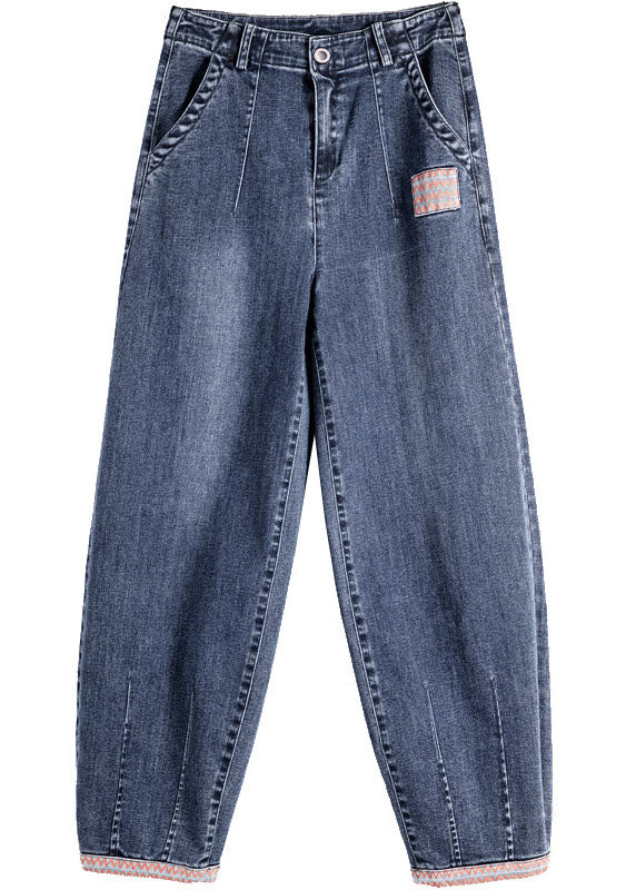 Simple Blue Grey High Waist Patch Zip Up Pockets Cotton Denim Pants Summer