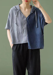 Simple Blue Hooded Asymmetrical Design Patchwork Denim T Shirt Top Summer