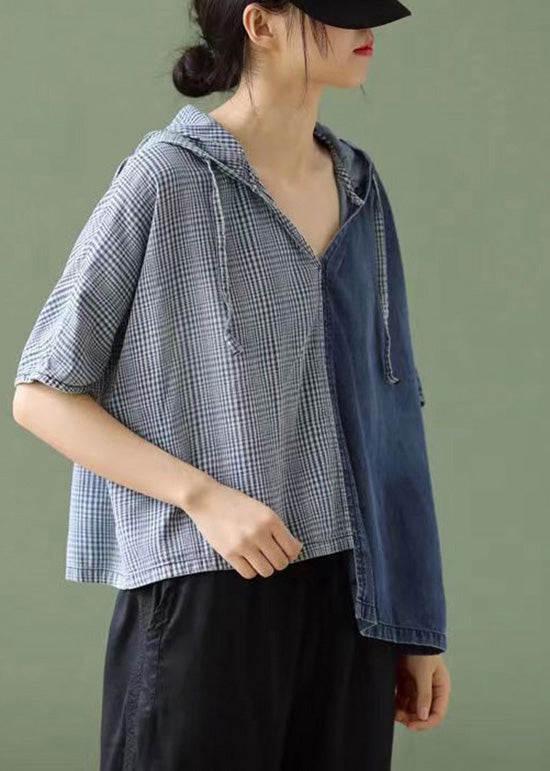 Simple Blue Hooded Asymmetrical Design Patchwork Denim T Shirt Top Summer