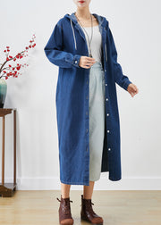 Simple Blue Hooded Button Down Denim Trench Coats Fall