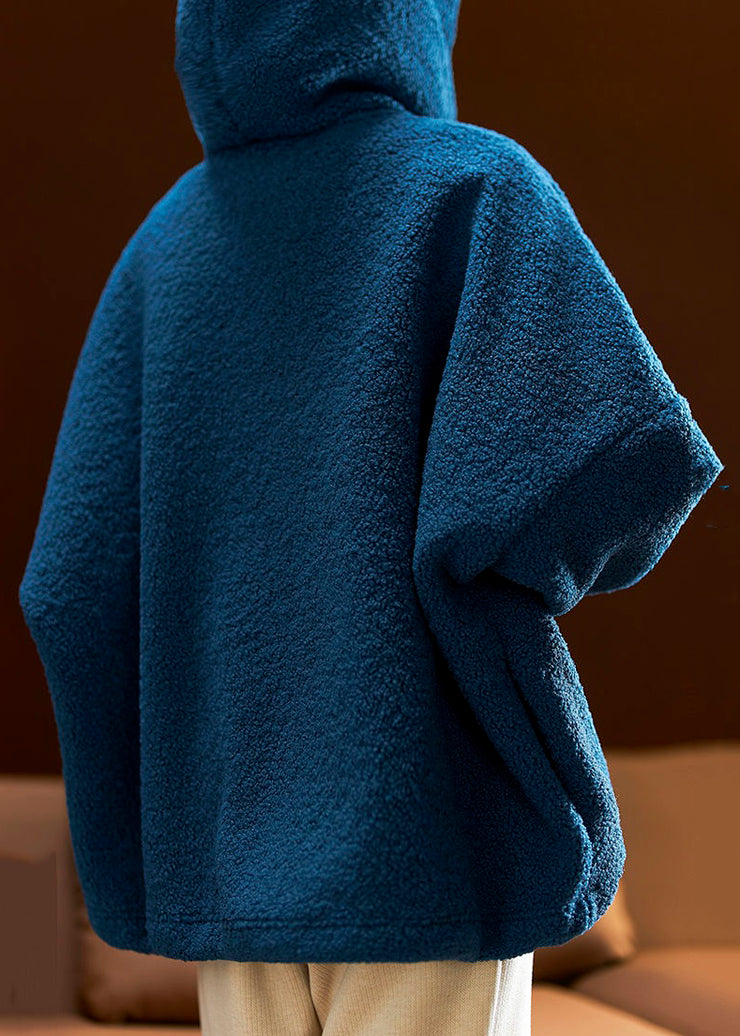 Simple Blue Hooded Pockets Drawstring Teddy Faux Fur Coats Long Sleeve
