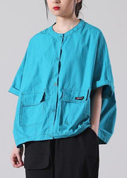 Simple Blue O-Neck Cotton Shirt Tops Summer - SooLinen