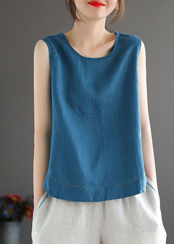 Simple Blue O-Neck Embroidered Linen Beach Vest Sleeveless