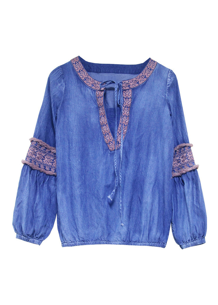Simple Blue O-Neck Embroidered Patchwork Cotton Tops lantern sleeve