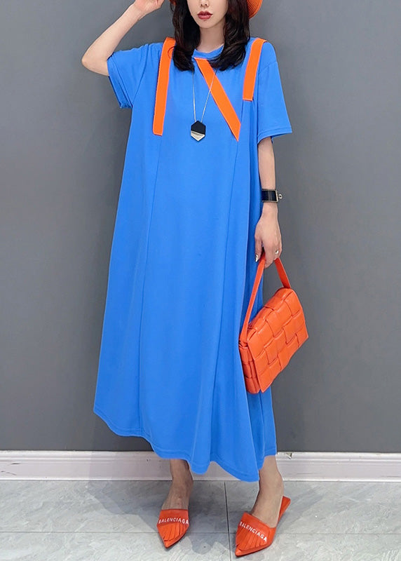 Simple Blue O-Neck Patchwork Long Dresses Short Sleeve