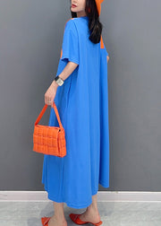 Simple Blue O-Neck Patchwork Long Dresses Short Sleeve