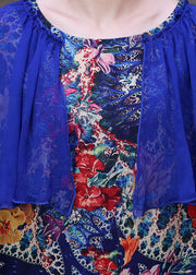 Einfaches blaues O-Neck Patchwork Print Silk Urlaubskleider Umhang Ärmel