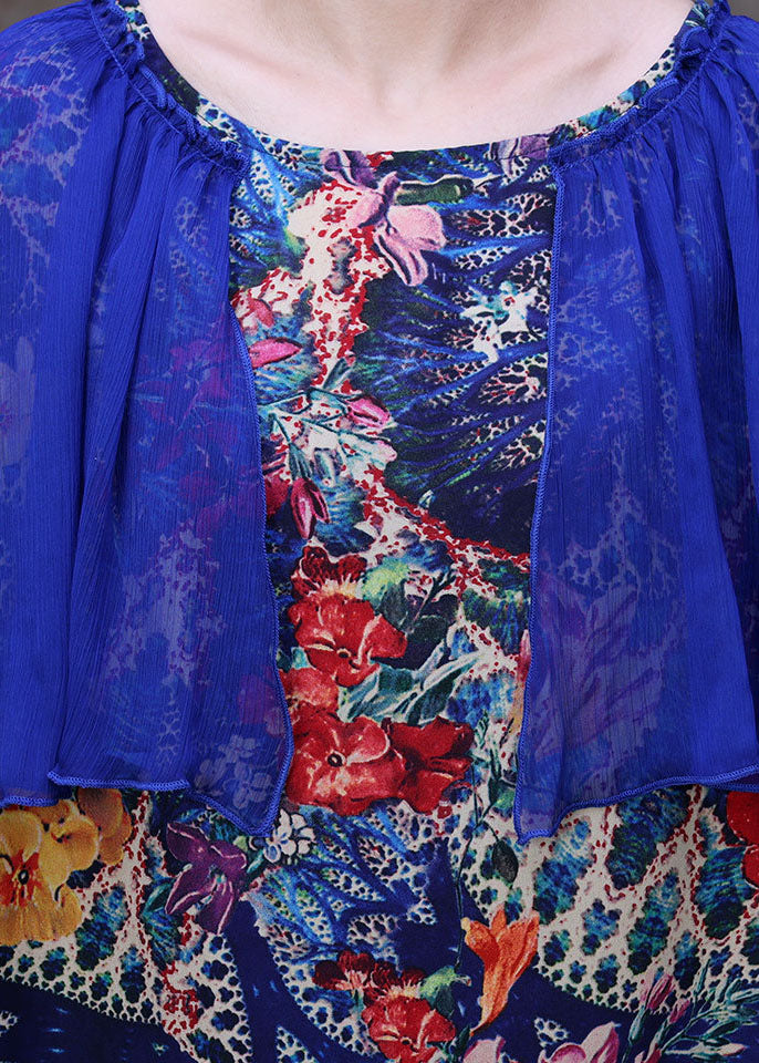 Einfaches blaues O-Neck Patchwork Print Silk Urlaubskleider Umhang Ärmel