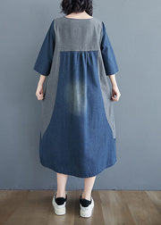 Simple Blue O-Neck Patchwork Wrinkled Denim Long Dress Spring