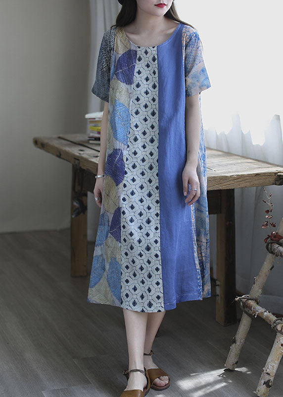 Simple Blue O-Neck Print Short Sleeve A Line Fall Dress