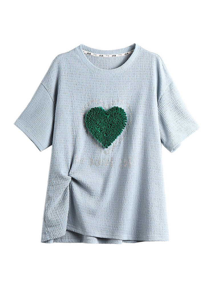 Simple Blue O-Neck loving Heart T Shirts Summer