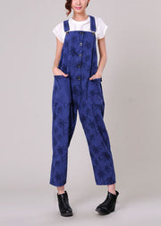 Simple Blue Oversized Maple Leaves Print Pockets Cotton Jumpsuits Spring