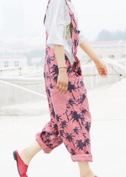 Simple Blue Oversized Maple Leaves Print Pockets Cotton Jumpsuits Spring