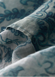 Simple Blue Oversized Print Linen Shirt Tops Lantern Sleeve