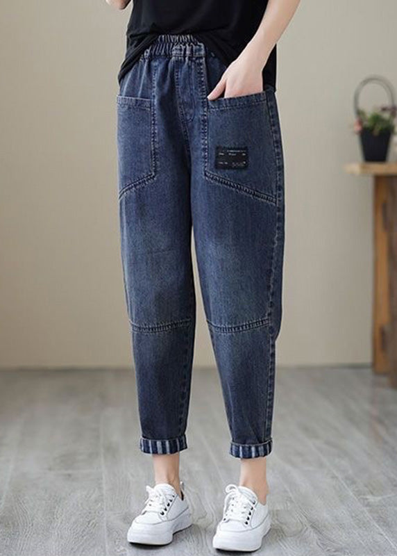 Simple Blue Patchwork Elastic Waist Crop Beam Jeans