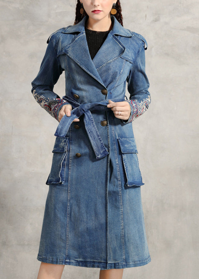 Simple Blue Peter Pan Collar Pockets Embroidered double breast Sashes Cotton Denim trench coats Spring