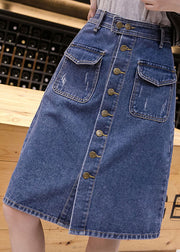 Simple Blue Pocket Button Cotton Denim Wraped Skirt Summer