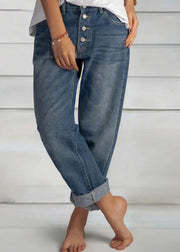 Simple Blue Pockets Button Patchwork High Waist Denim Pants Summer