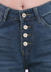 Simple Blue Pockets Button Patchwork High Waist Denim Pants Summer
