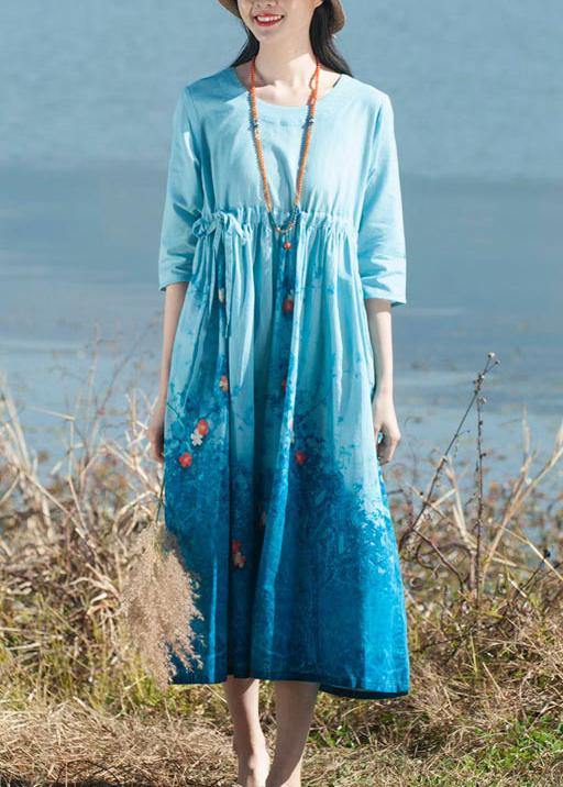 Simple Blue Print Clothes Women O Neck Tie Waist Dresses Spring Dresses - SooLinen