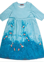 Simple Blue Print Clothes Women O Neck Tie Waist Dresses Spring Dresses - SooLinen