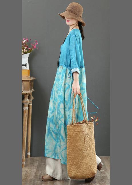 Simple Blue Print Tunic Pattern V Neck Patchwork A Line Spring Dress - SooLinen